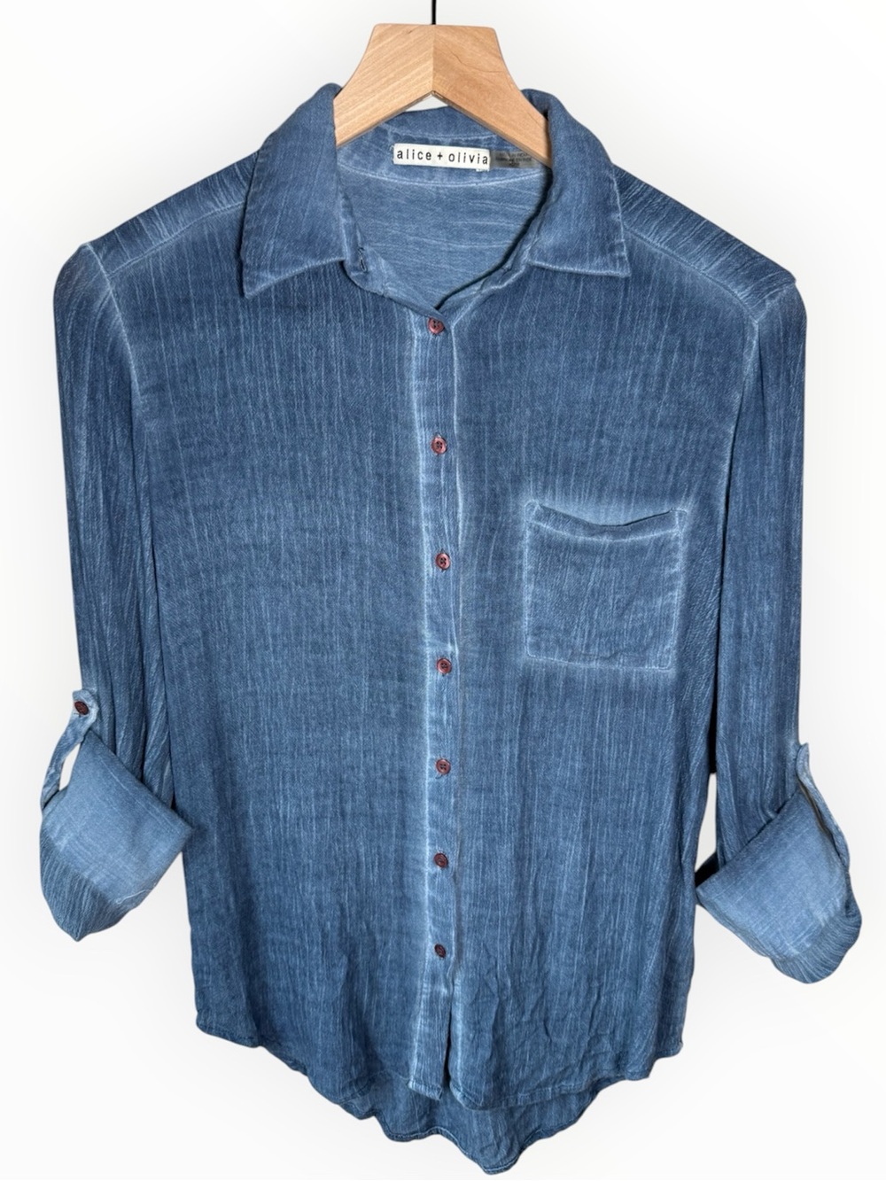 Alice + Olivia Donny Piper Crinkled Blouse Top Button Down Size XS Blue Breezy